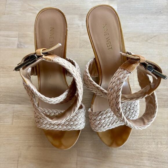 Nine West Marlon Boho Wedge Heels 8.5M Brown Woven Platform Adjustable Sandals - Picture 5 of 13